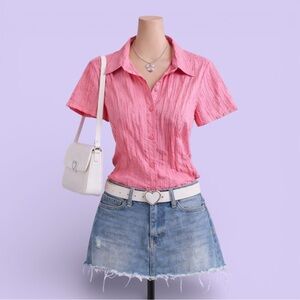 Vintage Y2K Pink Pleated Button Up Blouse Medium Coquette Stretch Officecore